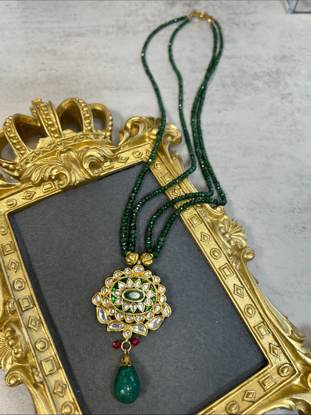 Green Gemstone Necklace with Gold Floral Pendant